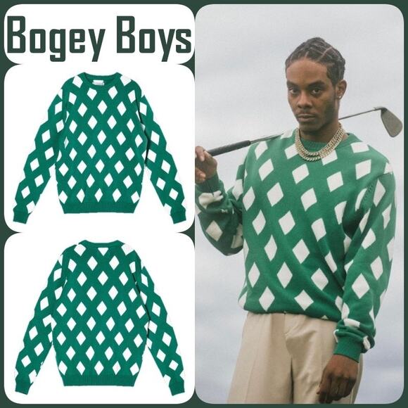 NEW Bogey Boys Sz LARGE Green White Diamond Knit Crewneck Golf Pullover Sweater - Picture 2 of 7